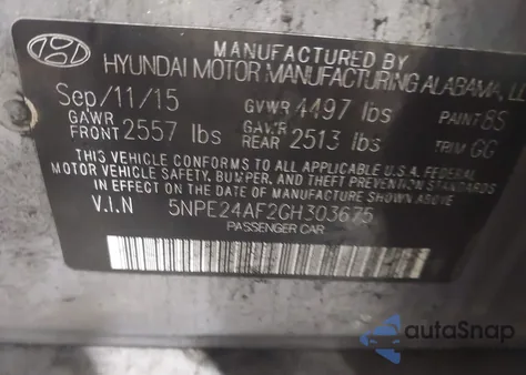 2016 Hyundai Sonata Se from USA, damaged, VIN 5NPE24AF2GH303675